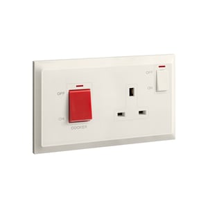 ليجراند - مفتاح مزدوج Belanko S، 2 موديول، 45A + مقبس مفتاح BS مع نيون + علامة للطباخ، 13A، 250V، Ivory