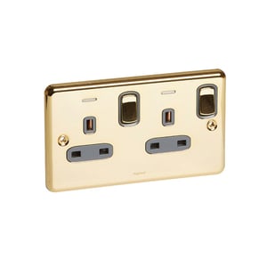 LEGRAND - Double Pole Socket Synergy Authentic, BS, 2 Gang, Switched, 13A, 250V, with Blue LED Power Indicator, Glossy Gold