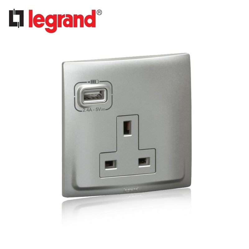 ليجراند - فيش مفرد مع USB ماليا - 13 أمبير - 250 فولت - فضي غامق - 2