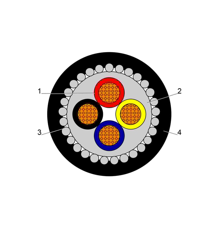 بحرة - كيبل XLPE نحاس - 4 خطوط - مقاس 6 مم - مسلح SWA - أسود - 600/1000 فولت - 2