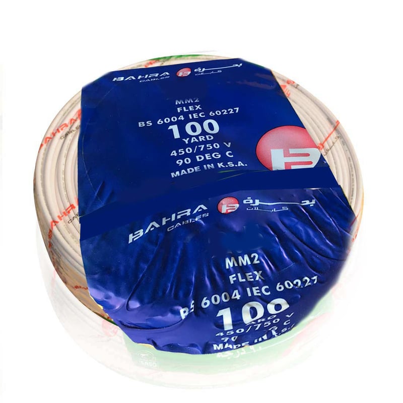 بحرة - سلك كهربائي نحاس مرن - المواصفات البريطانية - NYA - مقاس 6 مم - أبيض - 450/750 فولت - 91.44 متر - 2