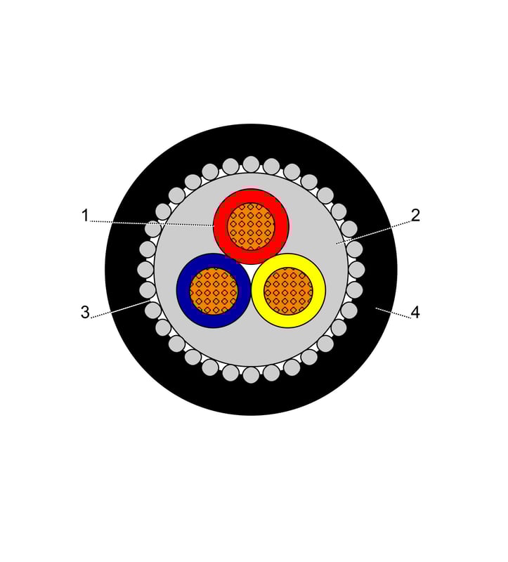 بحرة - كيبل XLPE نحاس - 3 خطوط - مقاس 4 مم - مسلح SWA - أسود - 600/1000 فولت - 2