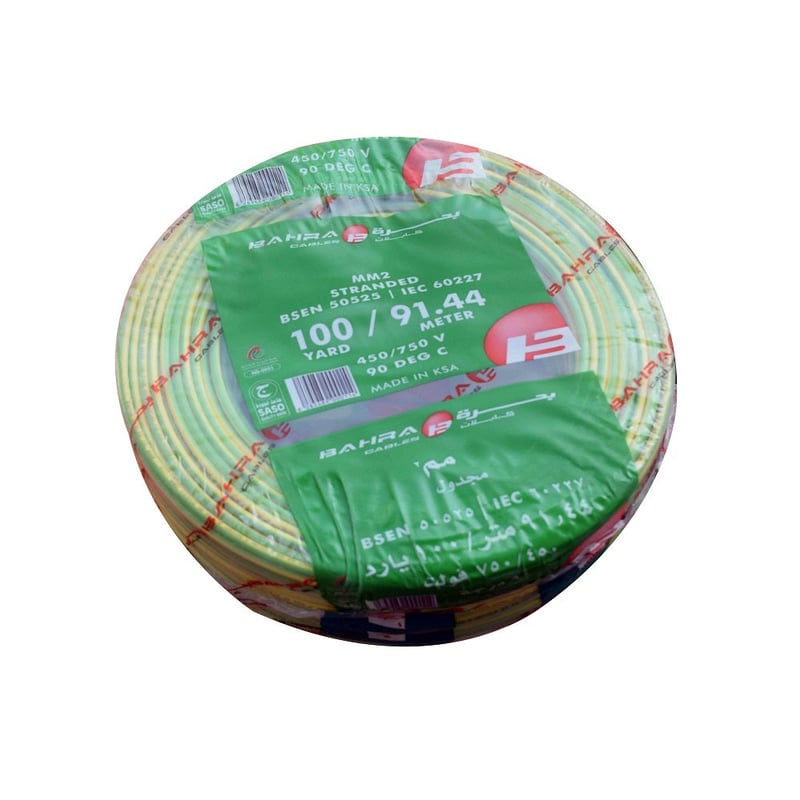 بحرة - سلك كهربائي نحاس - المواصفات البريطانية - NYA - مقاس 35 مم - أخضر/أصفر - 450/750 فولت - 91.44 متر - 2