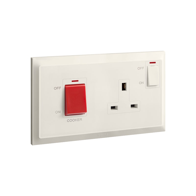 ليجراند - مفتاح مزدوج Belanko S، 2 موديول، 45A + مقبس مفتاح BS مع نيون + علامة للطباخ، 13A، 250V، Ivory - 1