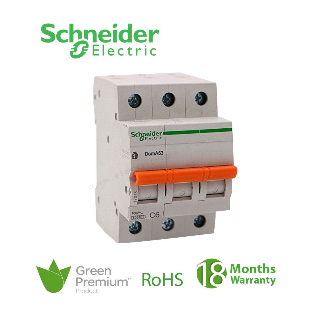 شنايدر - قاطع فرعي 3 خط - 6 أمبير - Domae, 3P, 6A, C Curve, 6000A - 1